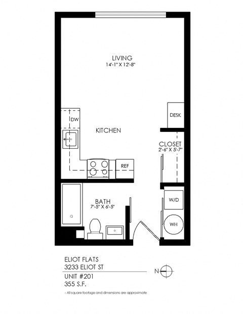 Floor plan for studio, 1 bath, 355 sqft